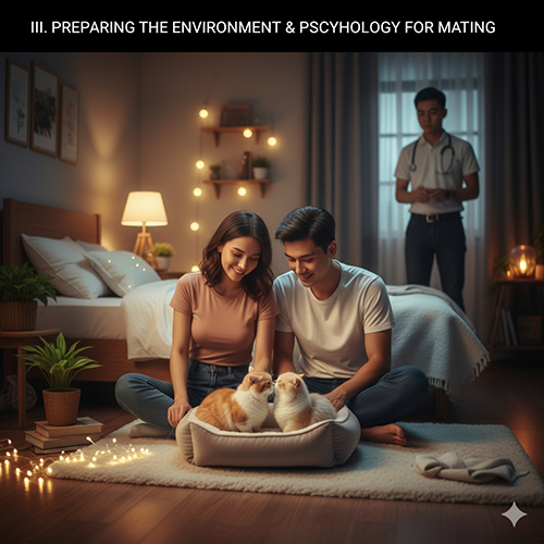 Cặp đôi chuẩn bị phòng ấm áp cho hai mèo Munchkin trước buổi phối, bác sĩ thú y đứng quan sát; minh họa bước chuẩn bị môi trường và tâm lý.