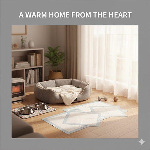 chuẩn bị không gian nuôi chó con với ổ nằm bát ăn và tấm lót vệ sinh ấm áp