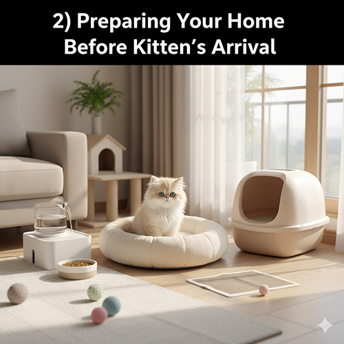 Không gian căn hộ chuẩn bị sẵn cho mèo Ba Tư con với ổ nằm, khay cát, bát ăn uống và đồ chơi