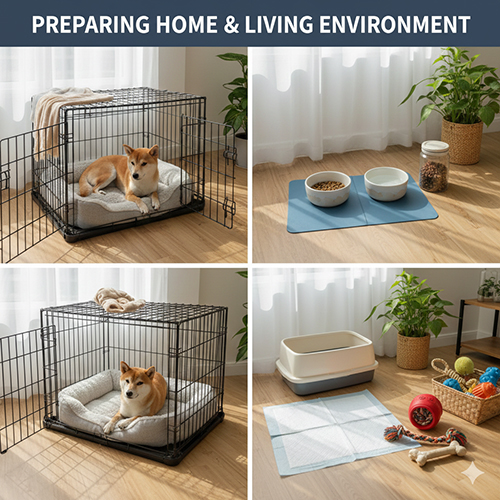 Chuẩn bị không gian sống trong nhà cho chó Shiba Inu với chuồng ngủ bát ăn và góc chơi riêng