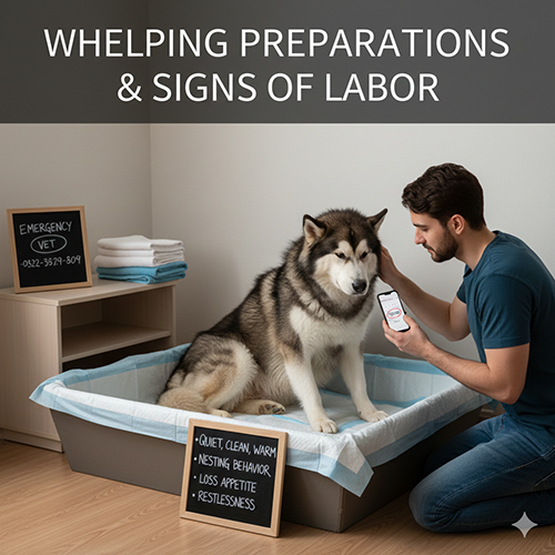 Chuẩn bị ổ đẻ và theo dõi dấu hiệu sinh của chó Alaska Malamute