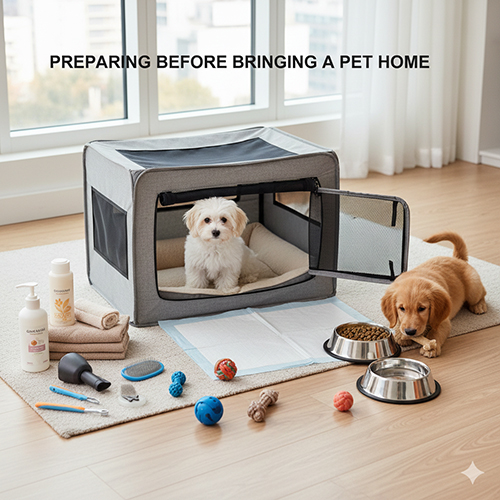 Chuẩn bị góc ngủ, bát ăn, pad vệ sinh và đồ dùng cần thiết trước khi đón chó cảnh về nhà