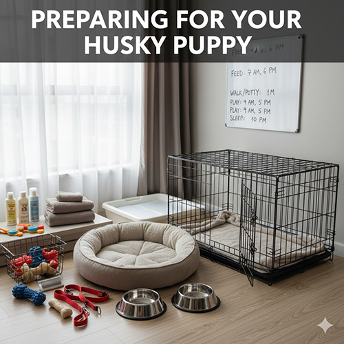 Không gian và đồ dùng cần chuẩn bị trước khi đón chó Husky con về nhà.