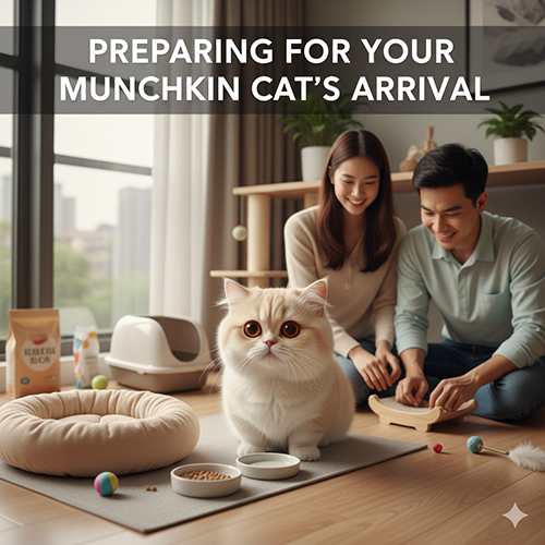 Mèo Munchkin ngồi trước bộ dụng cụ đã chuẩn bị sẵn: ổ nệm, khay cát, bát ăn uống thấp và đồ chơi; cặp đôi đang sắp xếp không gian phòng khách sáng.