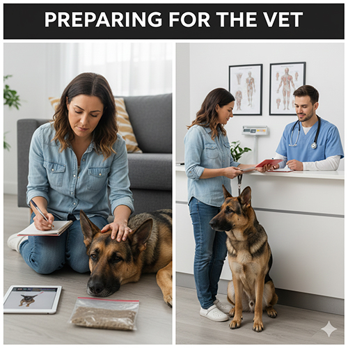 Chủ nuôi chuẩn bị thông tin và đưa chó Becgie đi khám tại phòng khám thú y