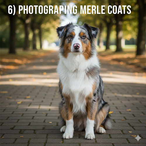 Chó merle ngồi ngoài trời với ánh sáng râm, vân lông loang nhạt–đậm hiện rõ chi tiết