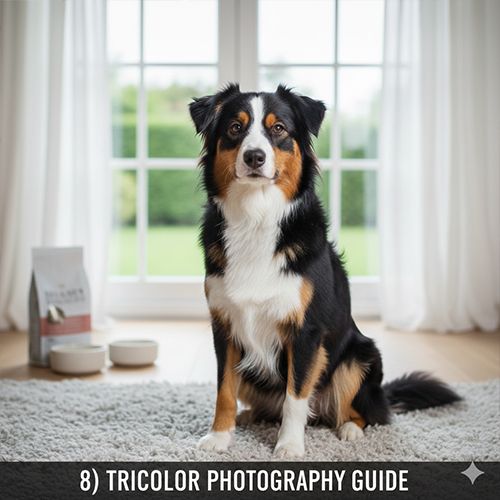 Chó tricolor ba màu được chụp trong ánh sáng tự nhiên với trắng không cháy đen không xỉn và tan ấm