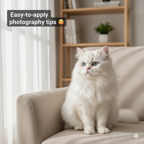 Mèo Ba Tư trắng mắt xanh ngồi trên ghế sofa cạnh cửa sổ, ánh sáng dịu tự nhiên trong phòng khách tối giản