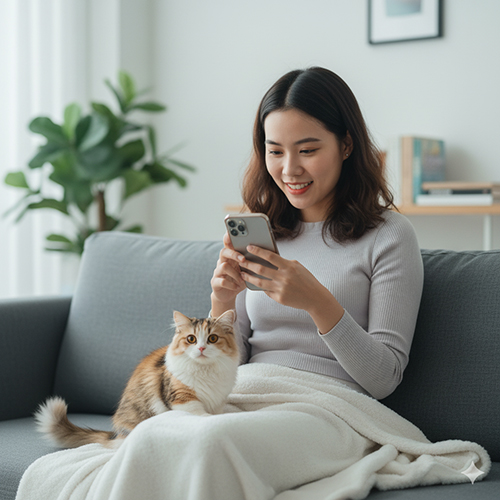 Cô gái trẻ ngồi trên sofa chụp ảnh mèo Munchkin bằng điện thoại, ánh sáng tự nhiên buổi sáng, không gian sáng và hiện đại.