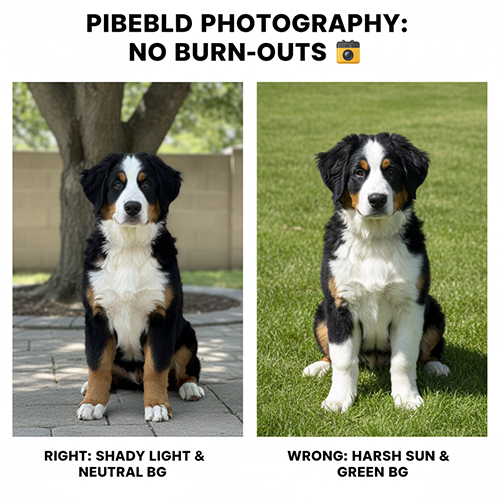 So sánh chụp chó khoang: đúng là bóng râm và nền trung tính, sai là nắng gắt nền cỏ xanh