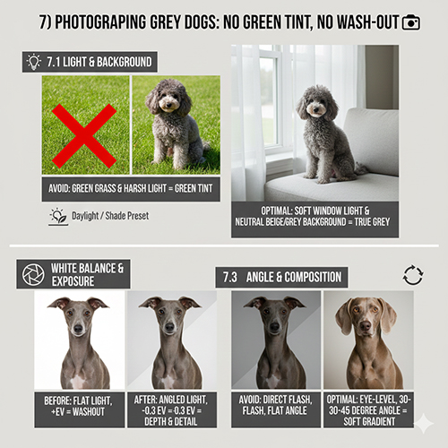 Hướng dẫn chụp chó xám đúng màu, tránh ám xanh và nhợt màu