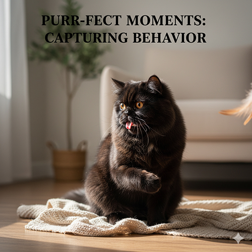 Mèo Ba Tư đen đang liếm môi và giơ chân trong phòng khách sáng, trên tấm thảm