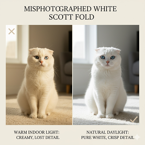 So sánh mèo tai cụp trắng (Scottish Fold) chụp dưới ánh sáng đèn vàng và ánh sáng tự nhiên ban ngày.