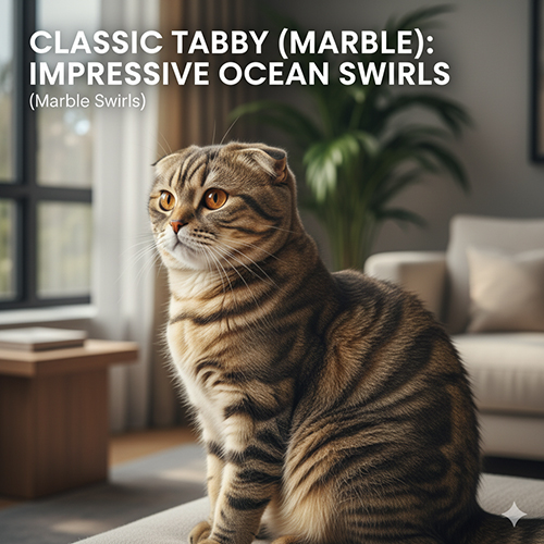 Mèo Scottish Fold classic tabby với hoa văn xoáy marble rõ nét trên lưng và hông trong phòng sáng.