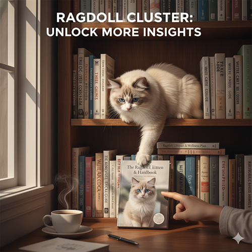 Mèo Ragdoll ngồi trên kệ sách và đặt chân lên một cuốn sách về Ragdoll, minh họa việc khám phá thêm nội dung trong cluster Ragdoll.