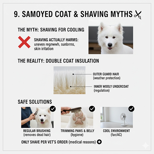 Minh họa bộ lông kép Samoyed và cảnh báo rủi ro khi cạo lông