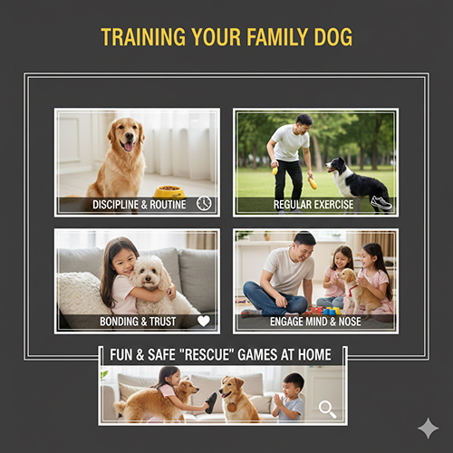 Hình minh họa huấn luyện chó trong gia đình với các nguyên tắc kỷ luật, vận động, gắn kết và kích hoạt mũi – não