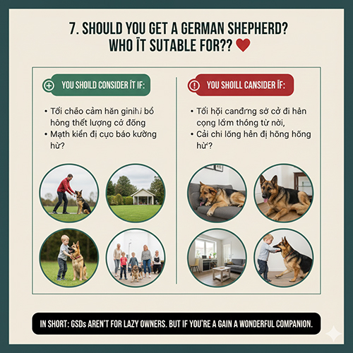 Ảnh chia đôi: một bên là người phù hợp nuôi Becgie Đức (sân vườn, vận động, huấn luyện), bên còn lại là các trường hợp nên cân nhắc