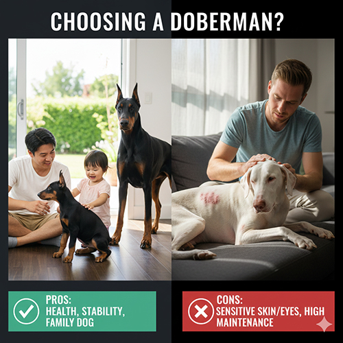 So sánh nuôi chó Doberman màu chuẩn và Doberman trắng trong môi trường gia đình, nhấn mạnh sức khỏe và mức độ chăm sóc