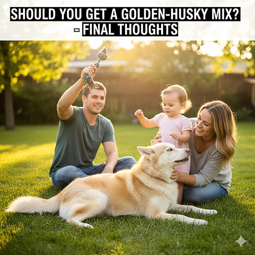 Gia đình trẻ chơi đùa với chó Golden lai Husky, Alaska trên bãi cỏ trong vườn nhà, minh họa khoảnh khắc hạnh phúc bên thú cưng.