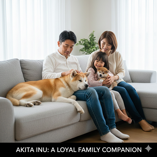Gia đình ngồi trên sofa cùng chó Akita Inu trưởng thành và chó con, minh họa mức độ gắn bó của giống chó này