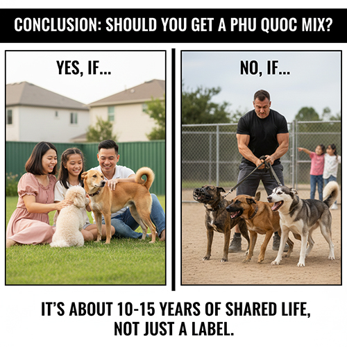 Ảnh so sánh tình huống “nên” và “không nên” nuôi chó Phú Quốc lai, nhấn mạnh sự phù hợp của gia đình và khả năng nuôi dạy.