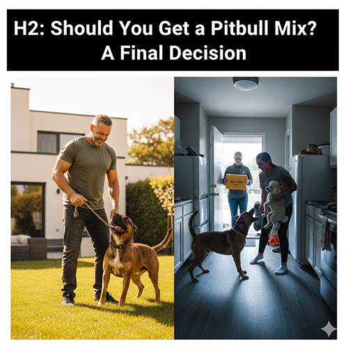 Hai khung cảnh: chủ dắt Pitbull lai Becgie tập luyện ngoài sân và khoảnh khắc đón chó vào nhà mới, thể hiện hai mặt của việc nuôi dòng lai mạnh này