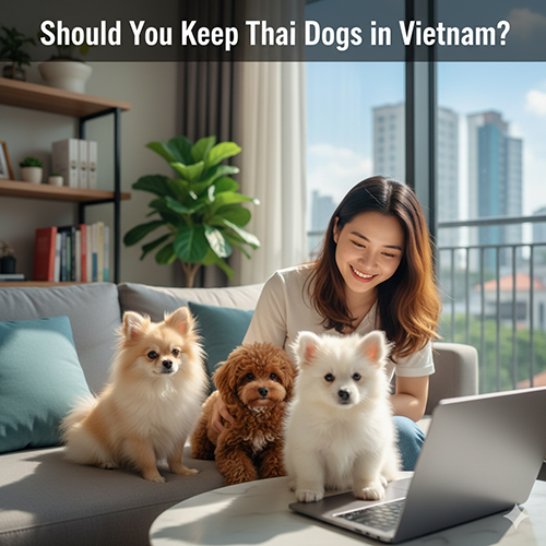 Cô gái Việt Nam ngồi trên sofa cùng ba chú chó nhỏ giống Thái Lan trong căn hộ hiện đại, thể hiện sự phù hợp của chó Thái với môi trường sống tại Việt Nam