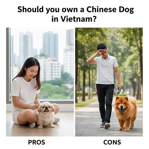 Cô gái chơi với chó Pekingese trong nhà và chàng trai dắt chó Chow Chow đi dạo ngoài công viên ở Việt Nam