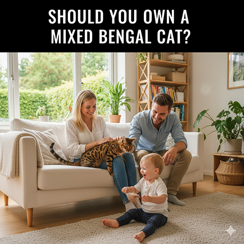 Gia đình trẻ chơi đùa cùng mèo Bengal lai trong phòng khách sáng sủa, thể hiện sự thân thiện và phù hợp với cuộc sống gia đình.