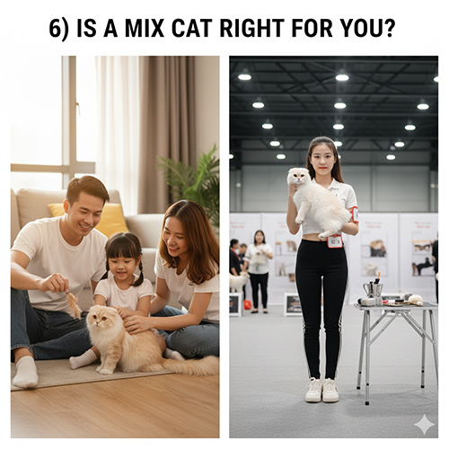 Hình ghép gồm gia đình vui vẻ chơi với mèo tai cụp ở nhà và cô gái bế mèo tại buổi triển lãm – minh họa cho câu hỏi “có nên chọn mèo tai cụp lai ta” tùy theo nhu cầu và kỳ vọng của người nuôi.