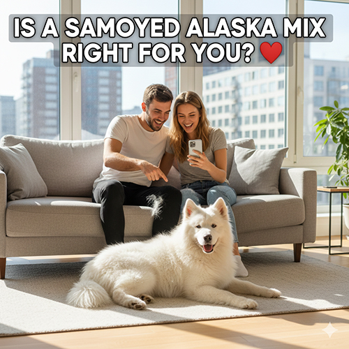 Gia đình trẻ sống căn hộ nuôi Samoyed lai Alaska lông trắng