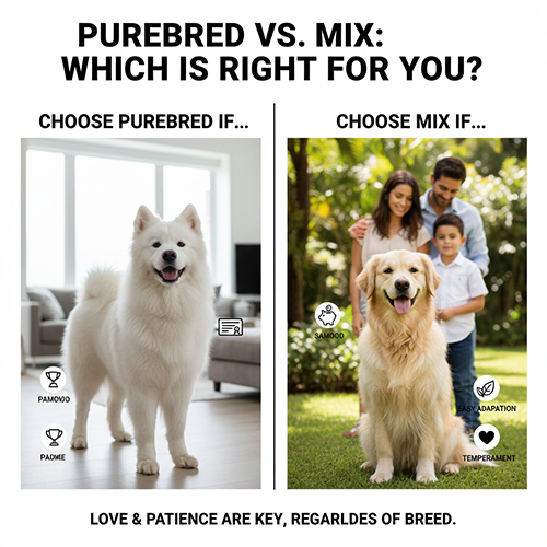 Hình so sánh tình huống nên chọn Samoyed thuần và khi nào nên chọn Samoyed lai theo nhu cầu của người nuôi