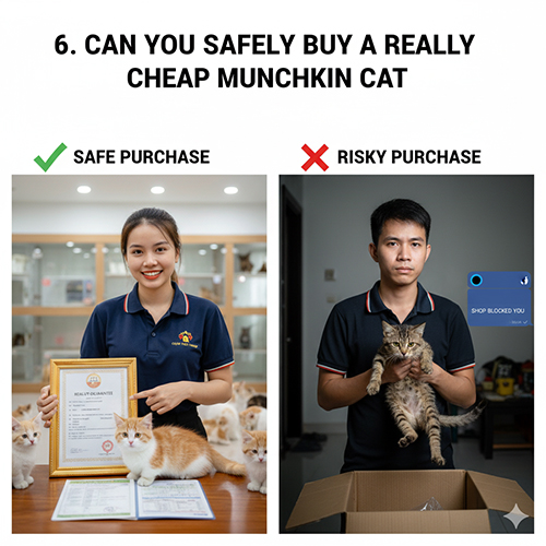 So sánh hai trường hợp mua mèo: bên trái người bán tại trại uy tín cầm giấy bảo hành cạnh mèo Munchkin con; bên phải người mua nhận mèo từ thùng carton, mèo ốm yếu và bị shop chặn liên lạc.