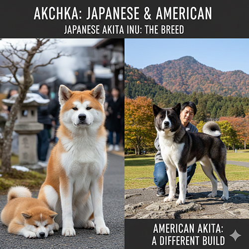 So sánh Akita Nhật và Akita Mỹ qua hai hình ảnh: một Akita Inu đỏ trắng và một American Akita to khoẻ