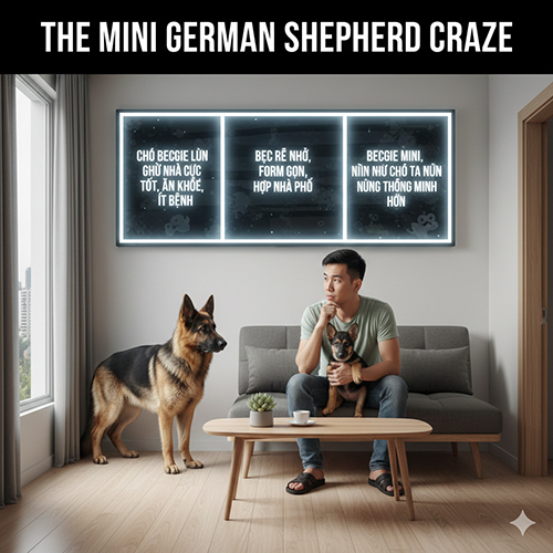 Hình ảnh minh họa cơn sốt “chó Becgie nhỏ, Becgie lùn” với bảng quảng cáo và một chú Becgie đứng cạnh chủ.