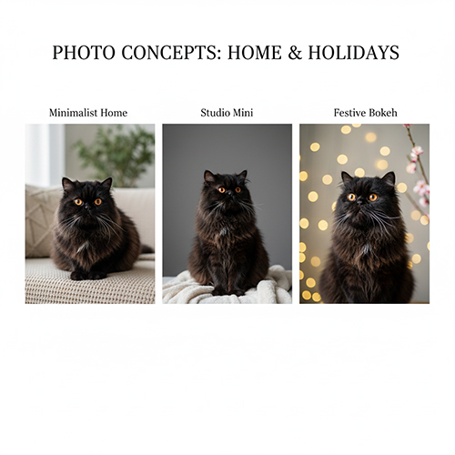 Ba concept chụp mèo Ba Tư đen gồm lifestyle căn hộ, studio mini và bokeh lễ tết