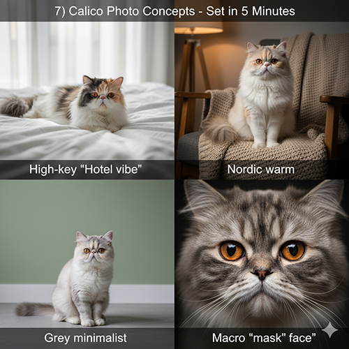 Bốn concept ảnh mèo Ba Tư tam thể: high-key giường trắng, nordic ấm, nền ghi tối giản và macro mask mặt