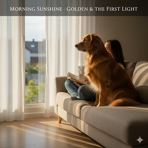 Hình chó Golden Retriever ngồi trên sofa cạnh cửa sổ buổi sáng, ánh nắng xiên nhẹ