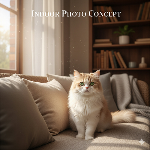 Mèo Ba Tư ngồi trên sofa trong phòng khách ánh nắng nhẹ, concept chụp trong nhà dễ áp dụng