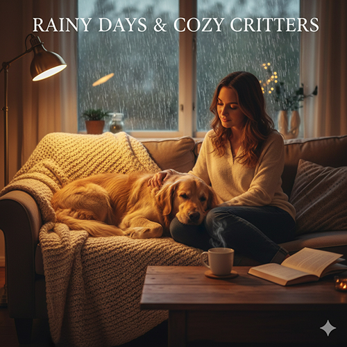 Hình chó Golden Retriever nằm trên sofa trong ngày mưa, được chủ vuốt ve cạnh cửa sổ