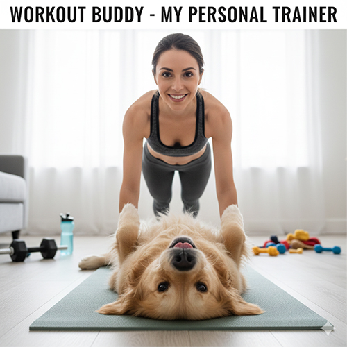 Hình chó Golden Retriever nằm trên thảm yoga khi chủ đang tập plank, biểu cảm vui nhộn