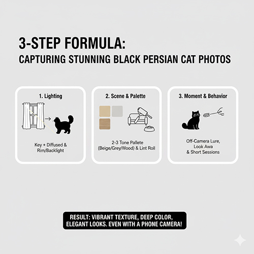 Minh họa ba bước chụp mèo Ba Tư đen gồm ánh sáng, palette bối cảnh và khoảnh khắc – hành vi