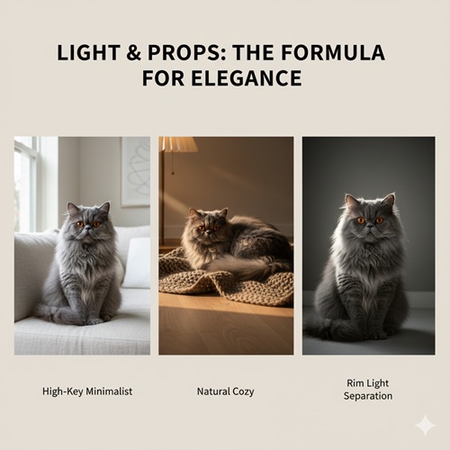 Ba setup ánh sáng cho mèo Ba Tư xám gồm high-key tối giản, natural cozy và rim light tách viền với nền và props trung tính