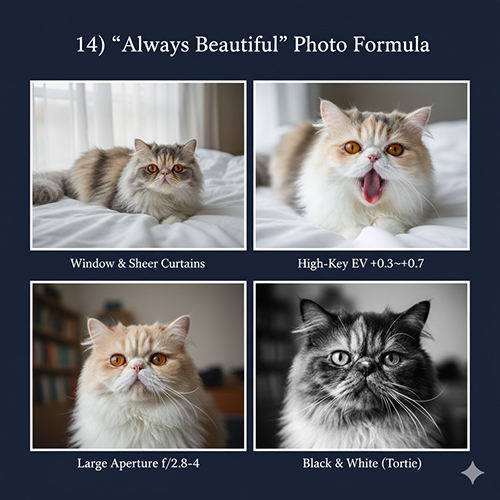 Bốn kiểu chụp mèo Ba Tư tam thể: ánh sáng cửa sổ, high-key EV+, khẩu lớn cận mặt và ảnh đen trắng tortie