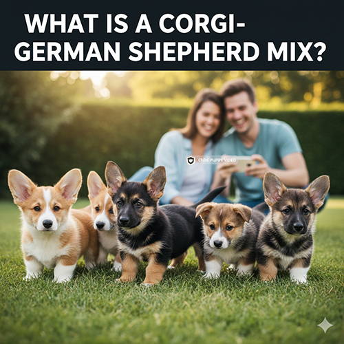 Đàn chó con Corgi lai Becgie với nhiều màu sắc đứng trên bãi cỏ trước đôi vợ chồng trẻ