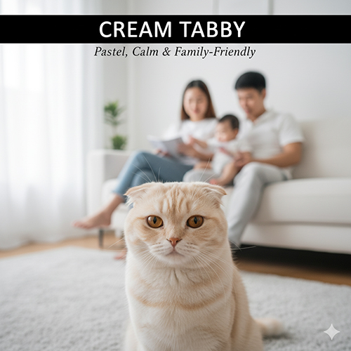 Mèo Scottish Fold cream tabby lông vàng nhạt ngồi trước gia đình trong phòng sáng tối giản.