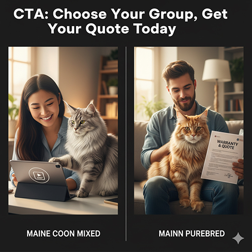 Hai người trẻ với Maine Coon lai và thuần chủng, mỗi người đang xem video hoặc cầm bảo hành – minh họa lời kêu gọi hành động.