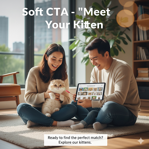 Cặp đôi ngồi trong phòng khách cùng mèo Scottish Fold, xem ảnh mèo trên máy tính bảng với thông điệp “Meet Your Kitten”