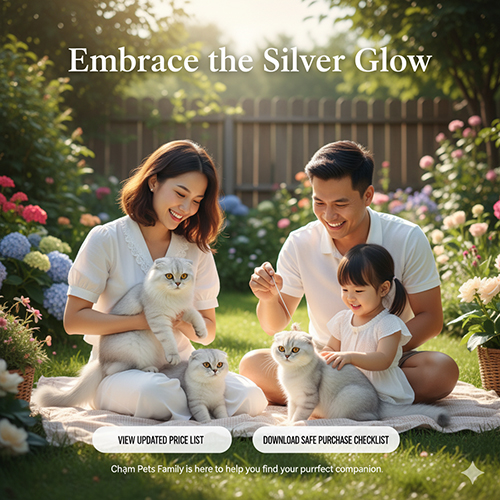 Gia đình nhỏ mặc trắng chơi cùng ba chú mèo Silver Scottish Fold trong khu vườn đầy hoa, tạo cảm giác ấm áp và hạnh phúc